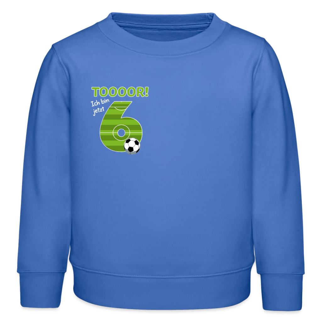 Blaues Kinder-Sweatshirt „TOOOOR! Ich bin jetzt 6“ im Fußballfeld-Design als Beispiel für personalisierte Fußballgeschenke für Kinder.