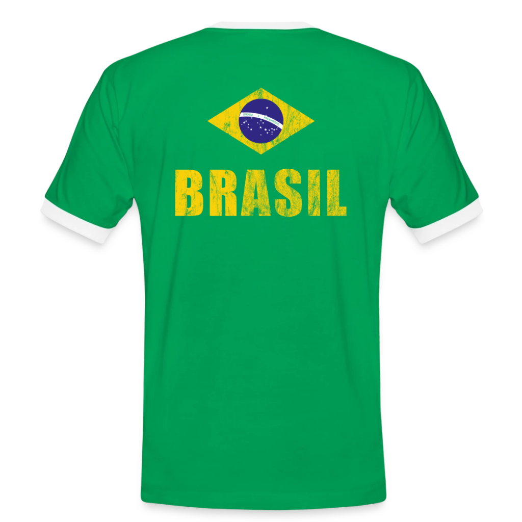 Grünes T-Shirt mit Brasilien-Flagge und gelbem Schriftzug „BRASIL“ auf dem Rücken.